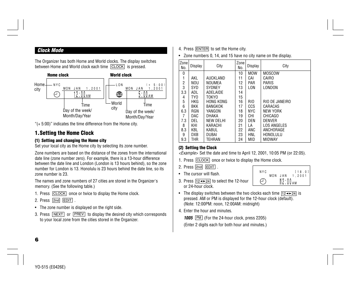 Setting the home clock | Sharp ELECTRONIC ORGANIZER YO-515 User Manual | Page 8 / 36