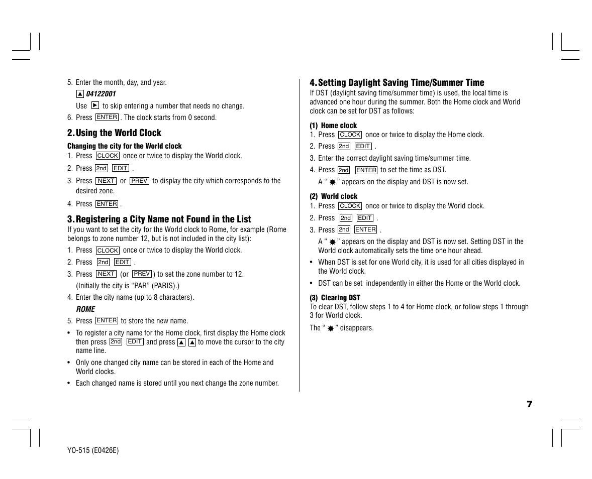 Using the world clock, Registering a city name not found in the list, Setting daylight saving time/summer time | Sharp ELECTRONIC ORGANIZER YO-515 User Manual | Page 9 / 36