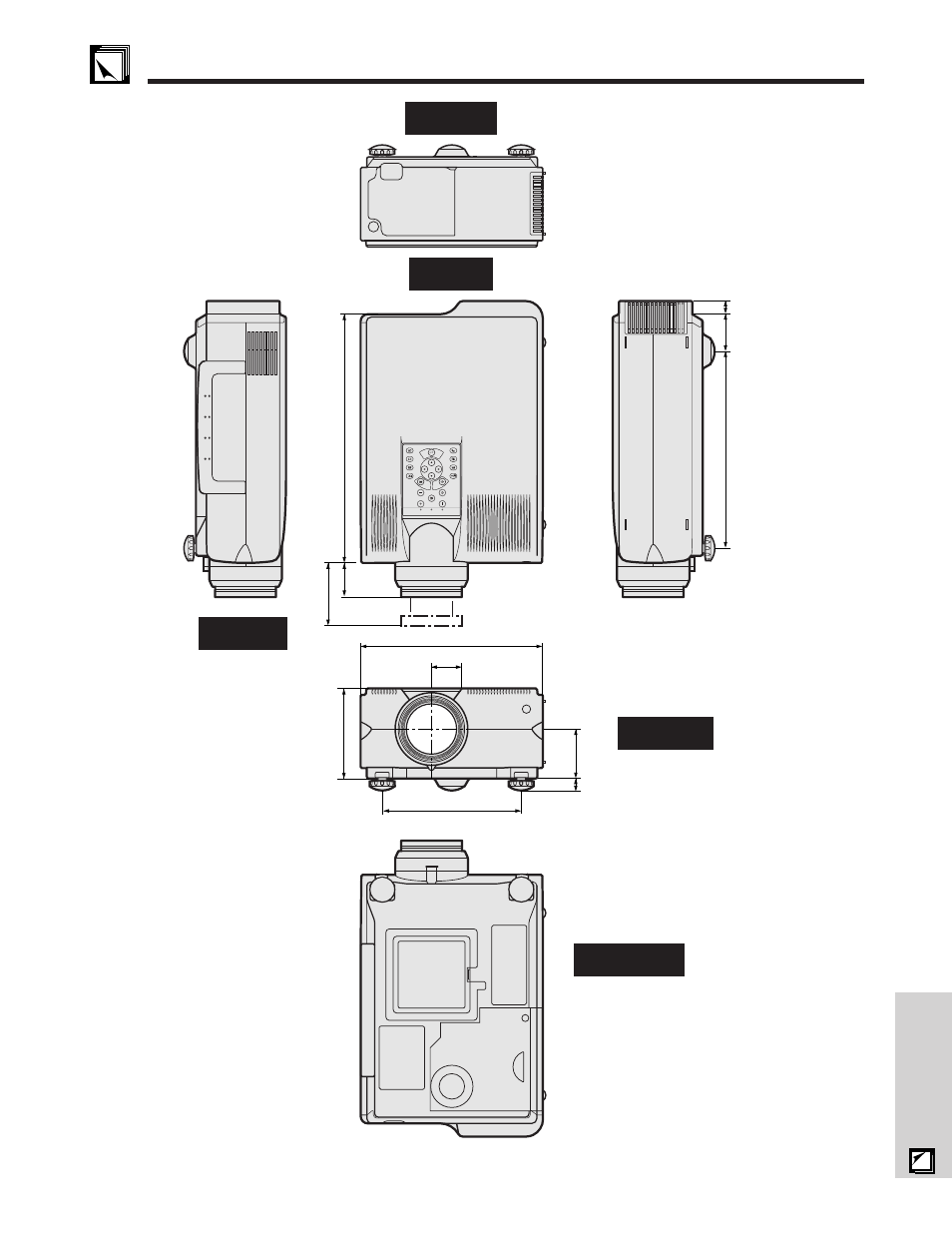 Dimensions ………………………………………… 58, Dimensions, Units: inches (mm) rear view | Top view side view front view bottom view, E-58 | Sharp XG - NV6XU User Manual | Page 59 / 66