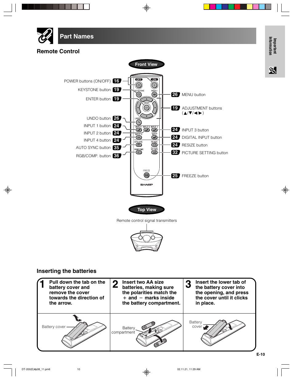 Part names, Inserting the batteries, Remote control | Sharp DT-200 User Manual | Page 11 / 58