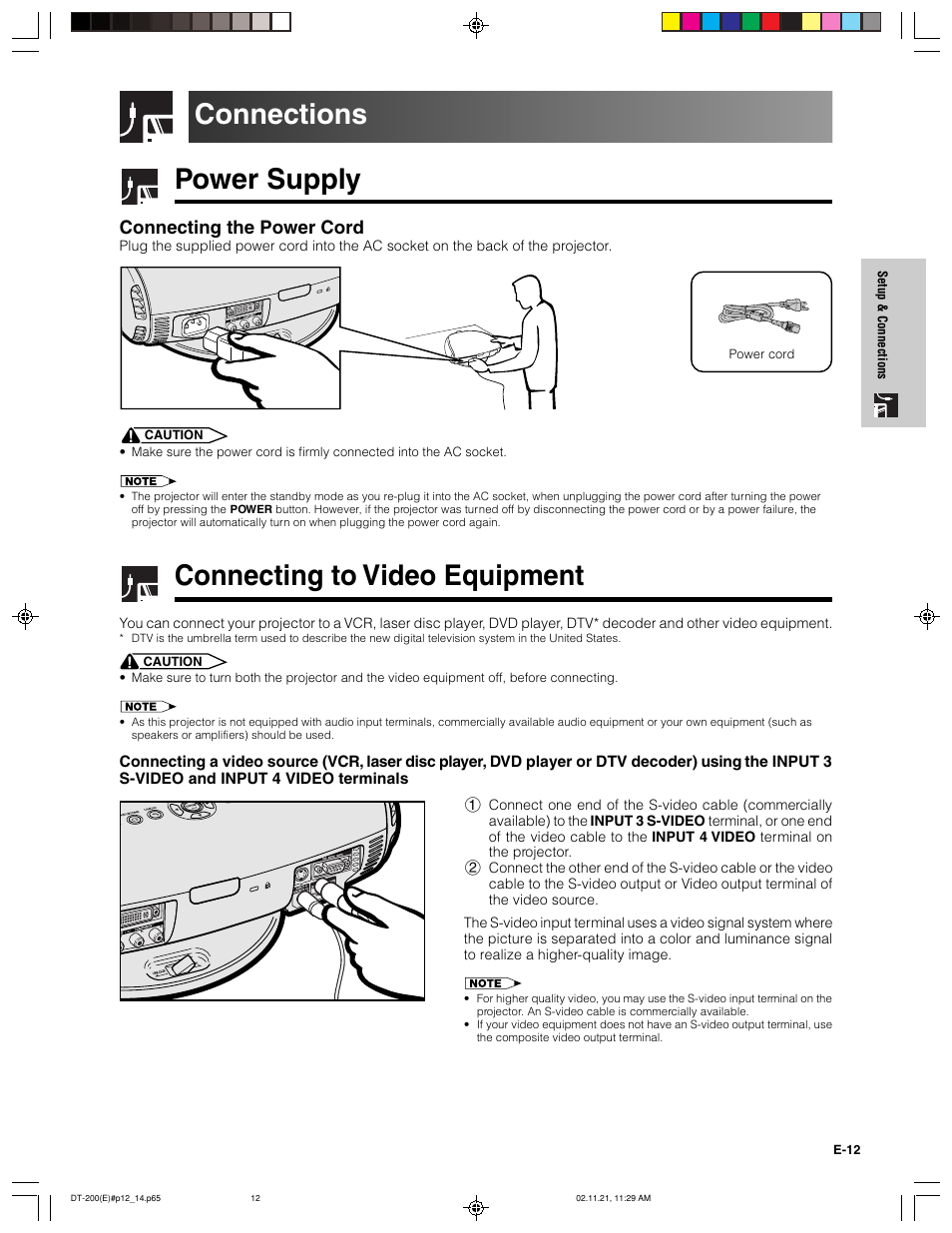 Power supply, Connections, Connecting to video equipment | Connecting the power cord | Sharp DT-200 User Manual | Page 13 / 58