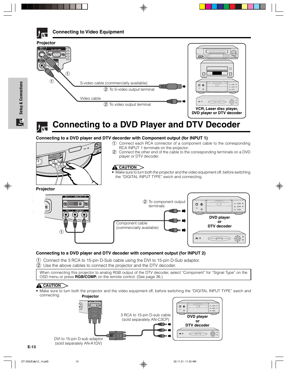 Connecting to a dvd player and dtv decoder | Sharp DT-200 User Manual | Page 14 / 58