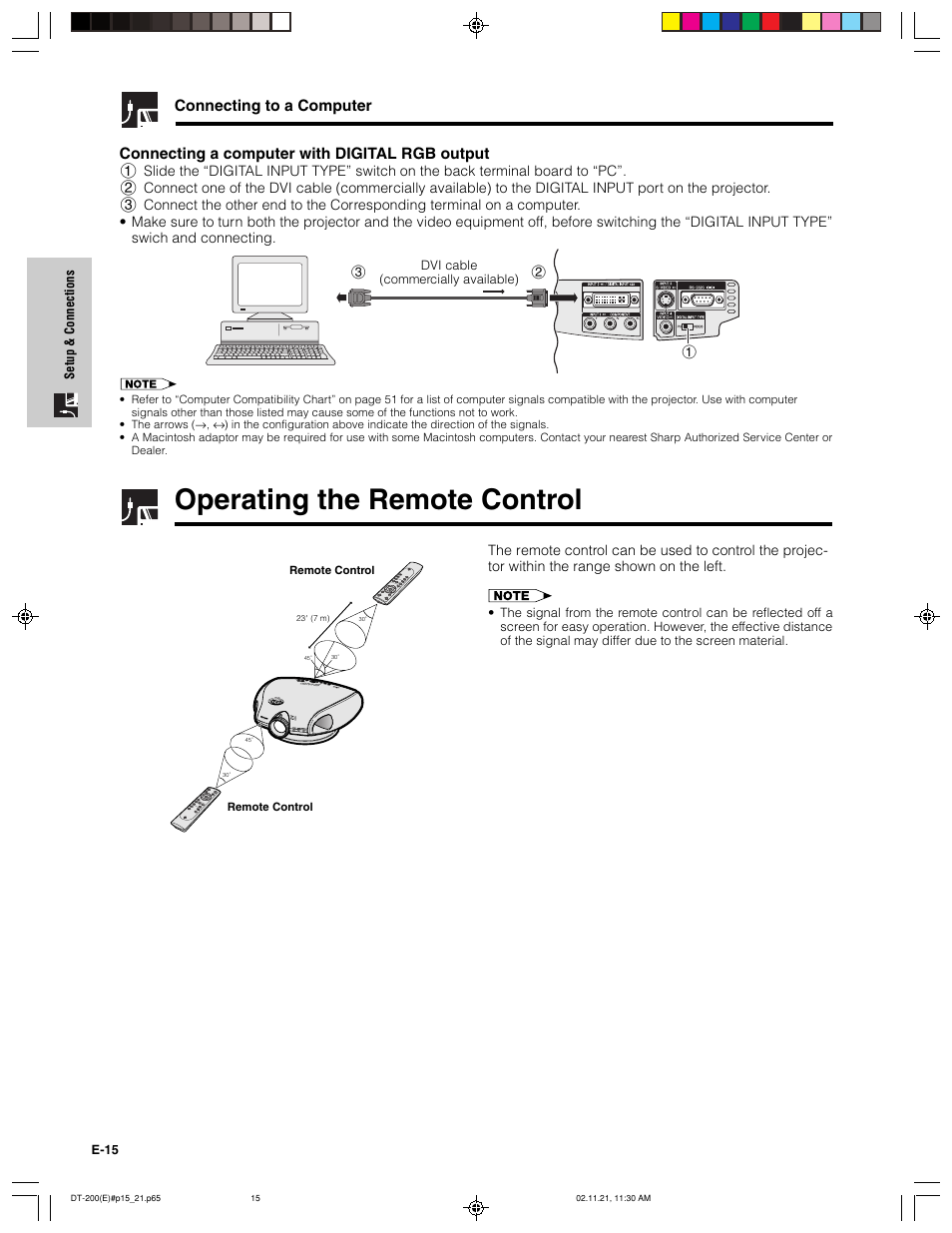 Operating the remote control, Connecting a computer with digital rgb output, Connecting to a computer | Sharp DT-200 User Manual | Page 16 / 58