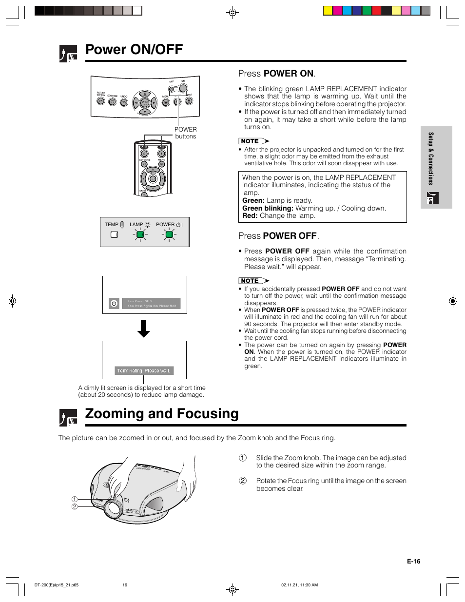 Power on/off, Zooming and focusing, Press power on | Press power off | Sharp DT-200 User Manual | Page 17 / 58