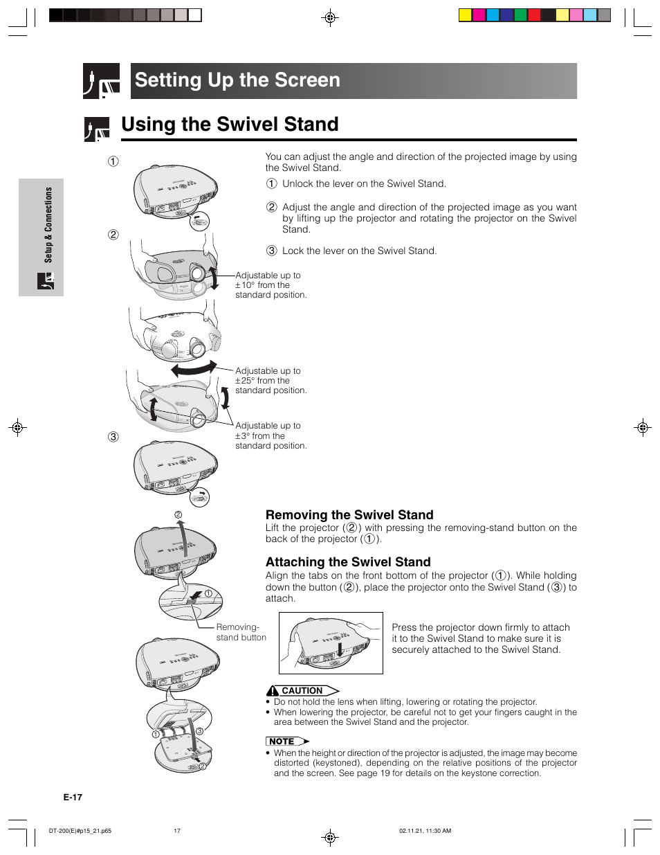 Using the swivel stand setting up the screen, Removing the swivel stand, Attaching the swivel stand | Sharp DT-200 User Manual | Page 18 / 58