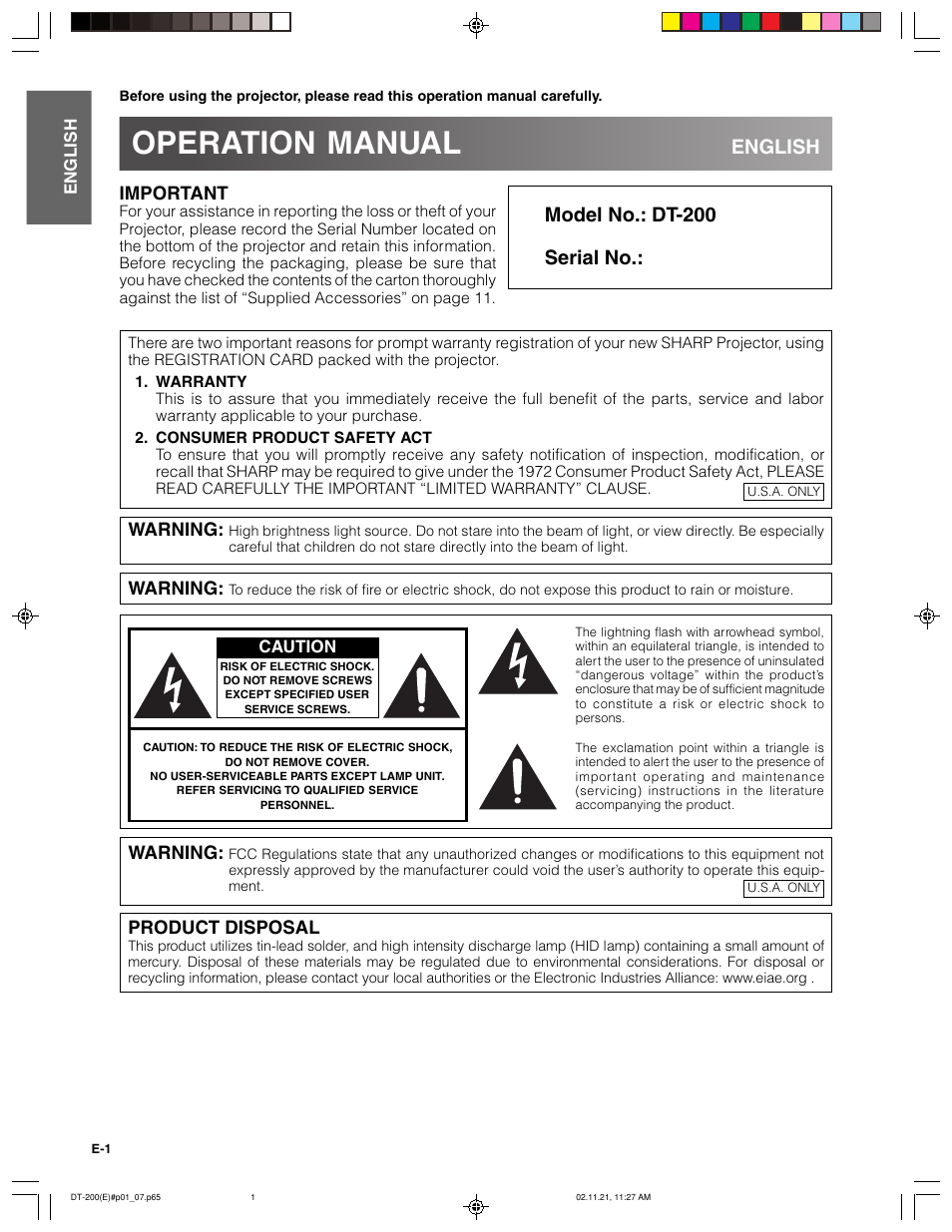 Operation manual, English model no.: dt-200 serial no, Important | Warning, Product disposal | Sharp DT-200 User Manual | Page 2 / 58