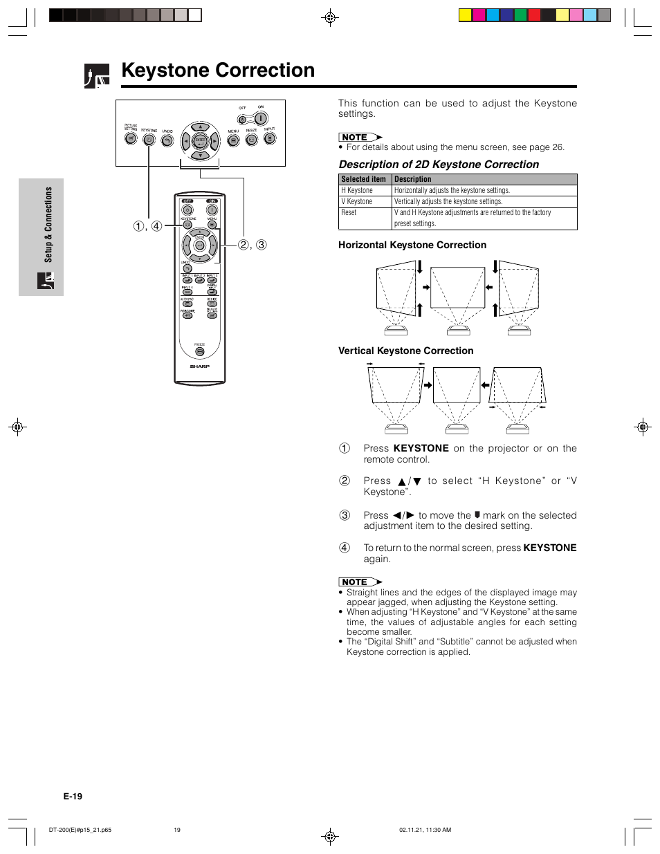 Keystone correction | Sharp DT-200 User Manual | Page 20 / 58