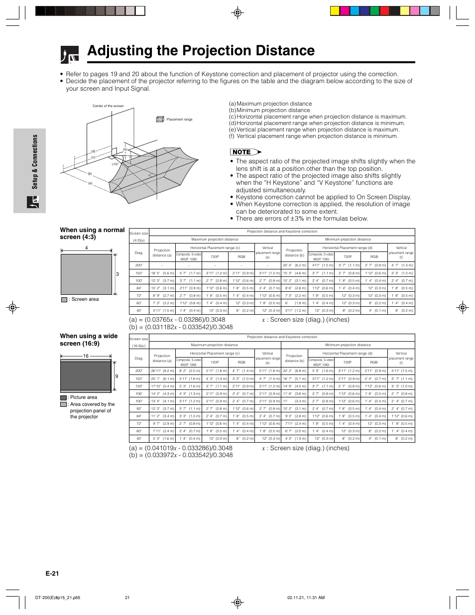 Adjusting the projection distance, E-21 setup & connections | Sharp DT-200 User Manual | Page 22 / 58