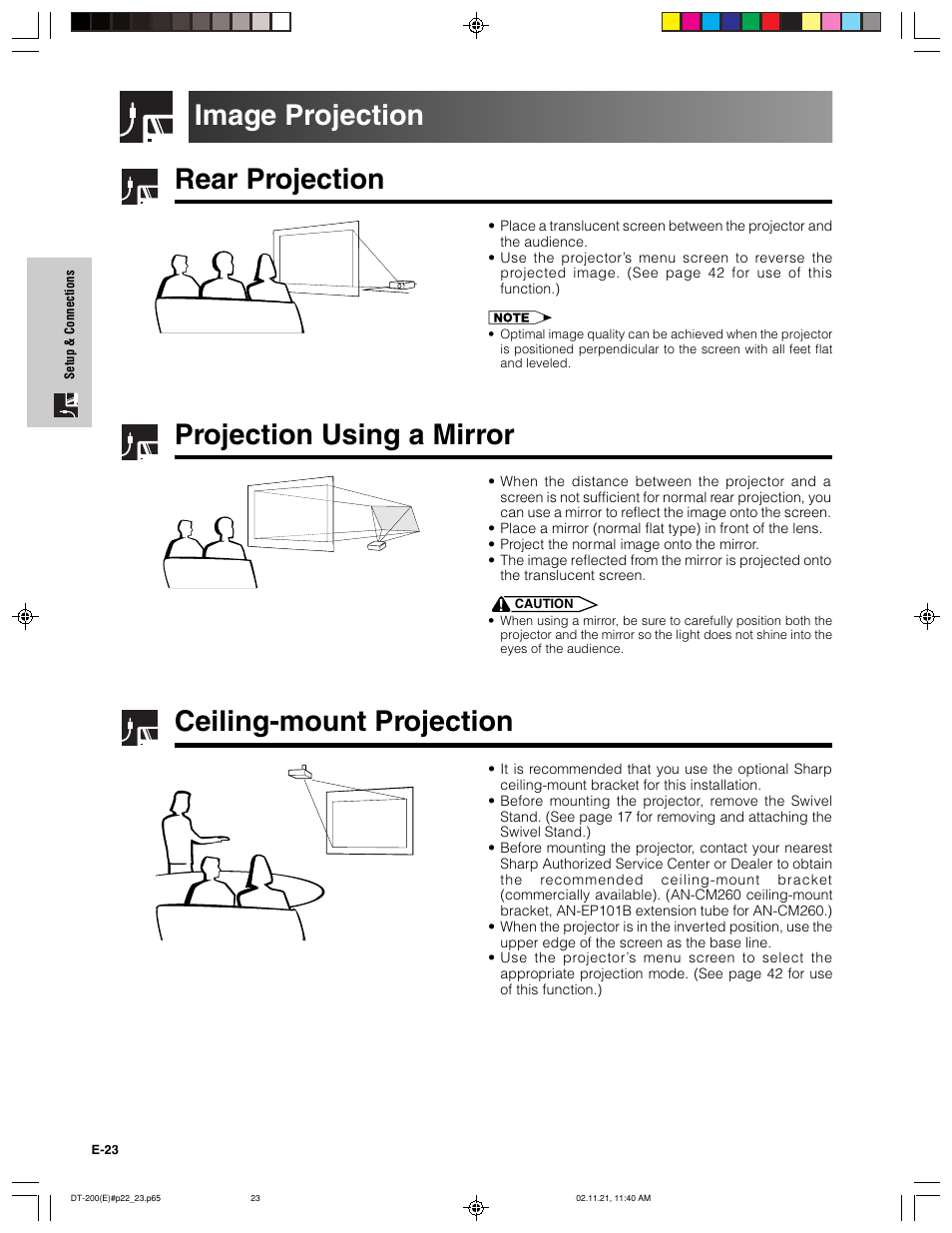 Rear projection, Projection using a mirror, Ceiling-mount projection image projection | Sharp DT-200 User Manual | Page 24 / 58