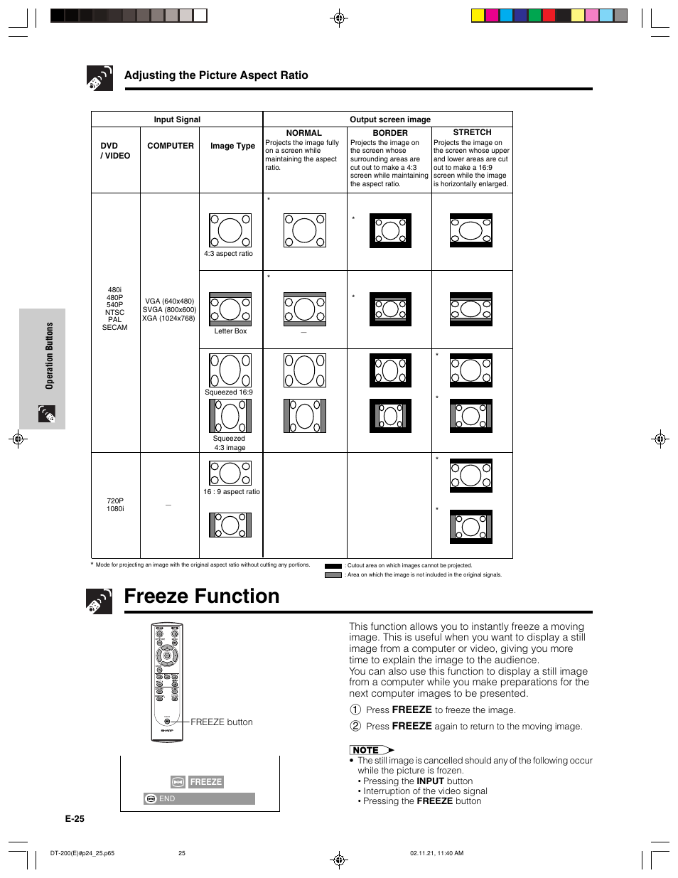 Freeze function, Adjusting the picture aspect ratio | Sharp DT-200 User Manual | Page 26 / 58