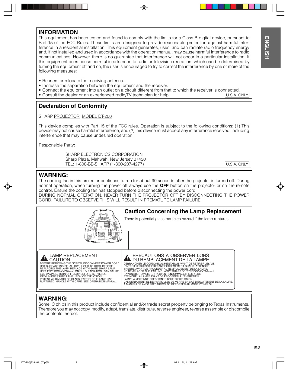 Warning, Declaration of conformity, Information | Caution concerning the lamp replacement, English | Sharp DT-200 User Manual | Page 3 / 58