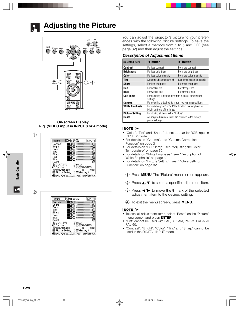 Adjusting the picture, Description of adjustment items | Sharp DT-200 User Manual | Page 30 / 58