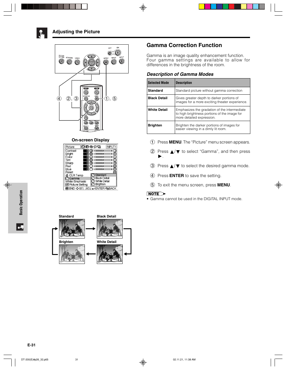 Gamma correction function, Description of gamma modes | Sharp DT-200 User Manual | Page 32 / 58