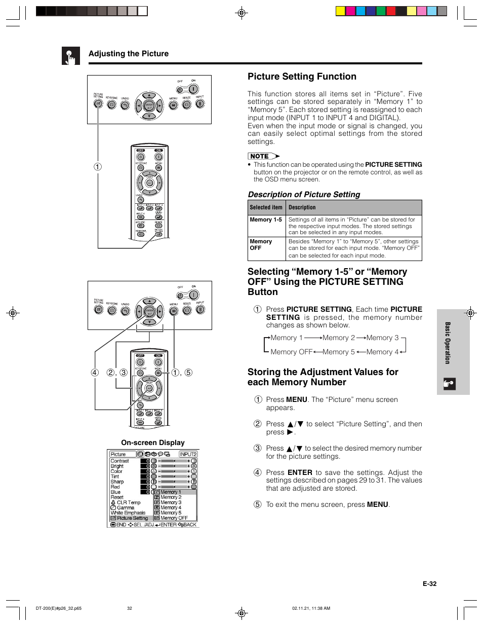 Picture setting function | Sharp DT-200 User Manual | Page 33 / 58