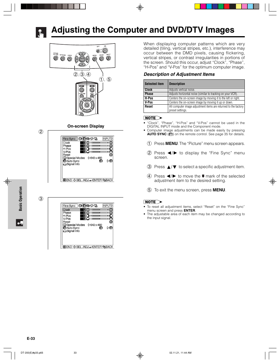 Adjusting the computer and dvd/dtv images | Sharp DT-200 User Manual | Page 34 / 58