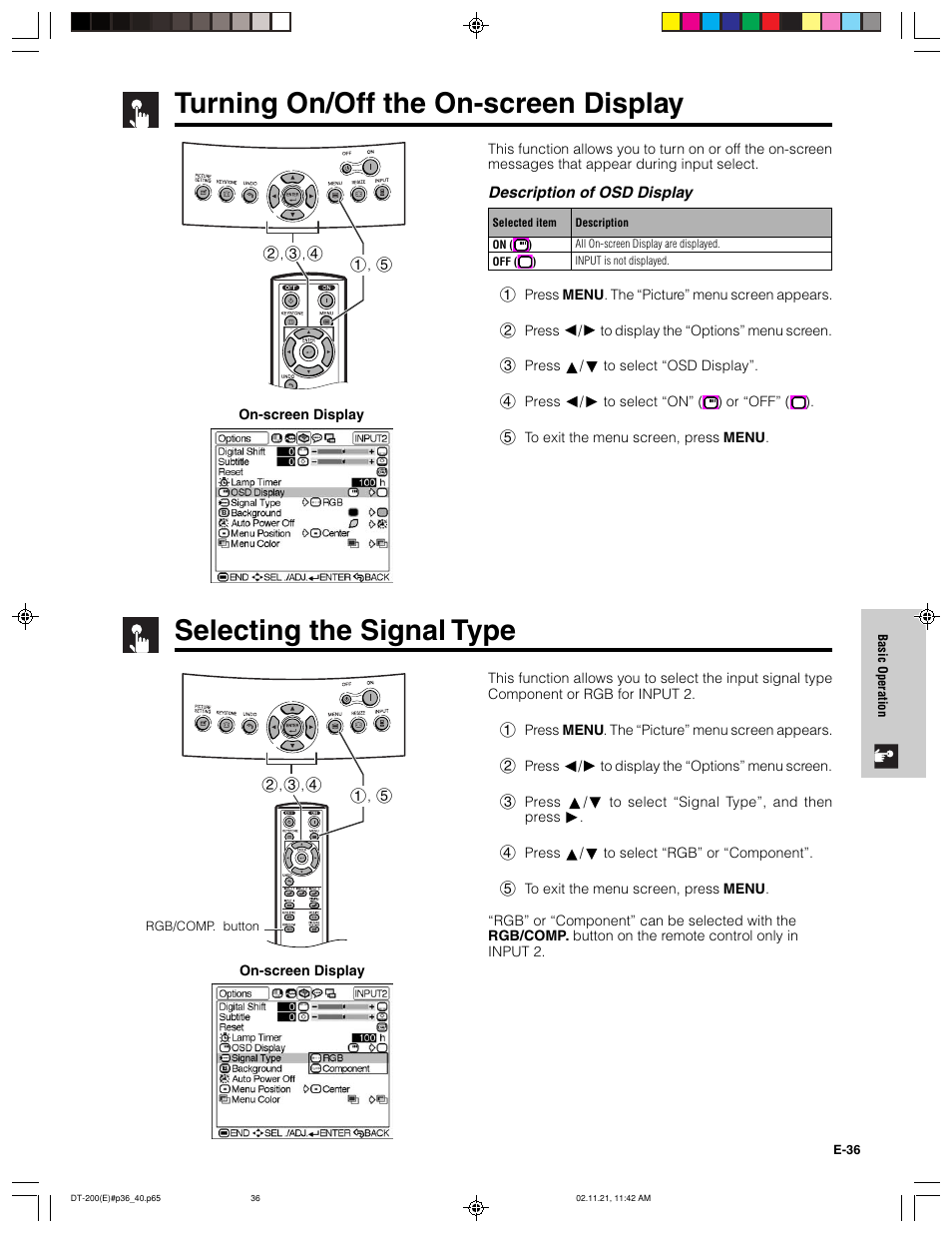 Turning on/off the on-screen display, Selecting the signal type | Sharp DT-200 User Manual | Page 37 / 58