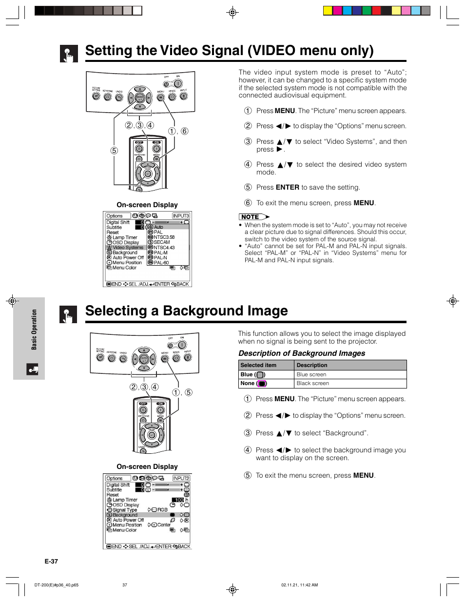 Selecting a background image, Setting the video signal (video menu only) | Sharp DT-200 User Manual | Page 38 / 58