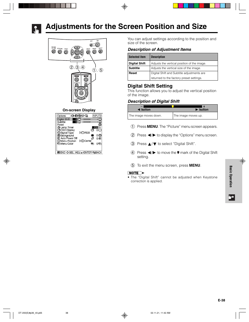 Adjustments for the screen position and size, Digital shift setting | Sharp DT-200 User Manual | Page 39 / 58