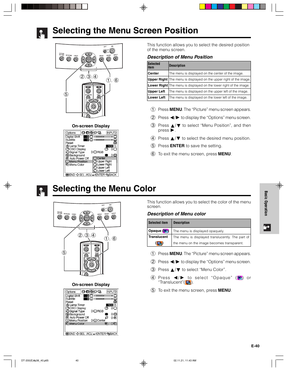 Selecting the menu screen position, Selecting the menu color | Sharp DT-200 User Manual | Page 41 / 58