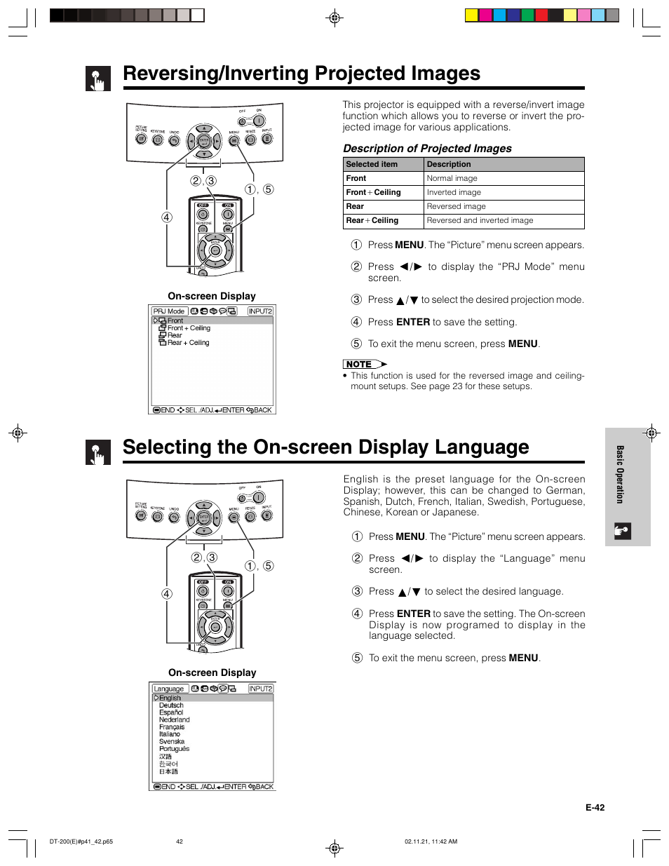 Reversing/inverting projected images, Selecting the on-screen display language | Sharp DT-200 User Manual | Page 43 / 58