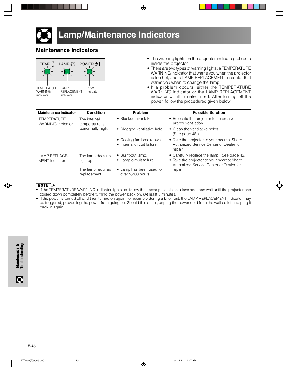 Lamp/maintenance indicators, Maintenance indicators | Sharp DT-200 User Manual | Page 44 / 58