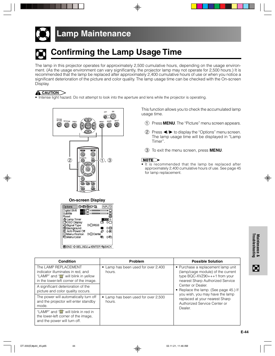 Confirming the lamp usage time lamp maintenance | Sharp DT-200 User Manual | Page 45 / 58