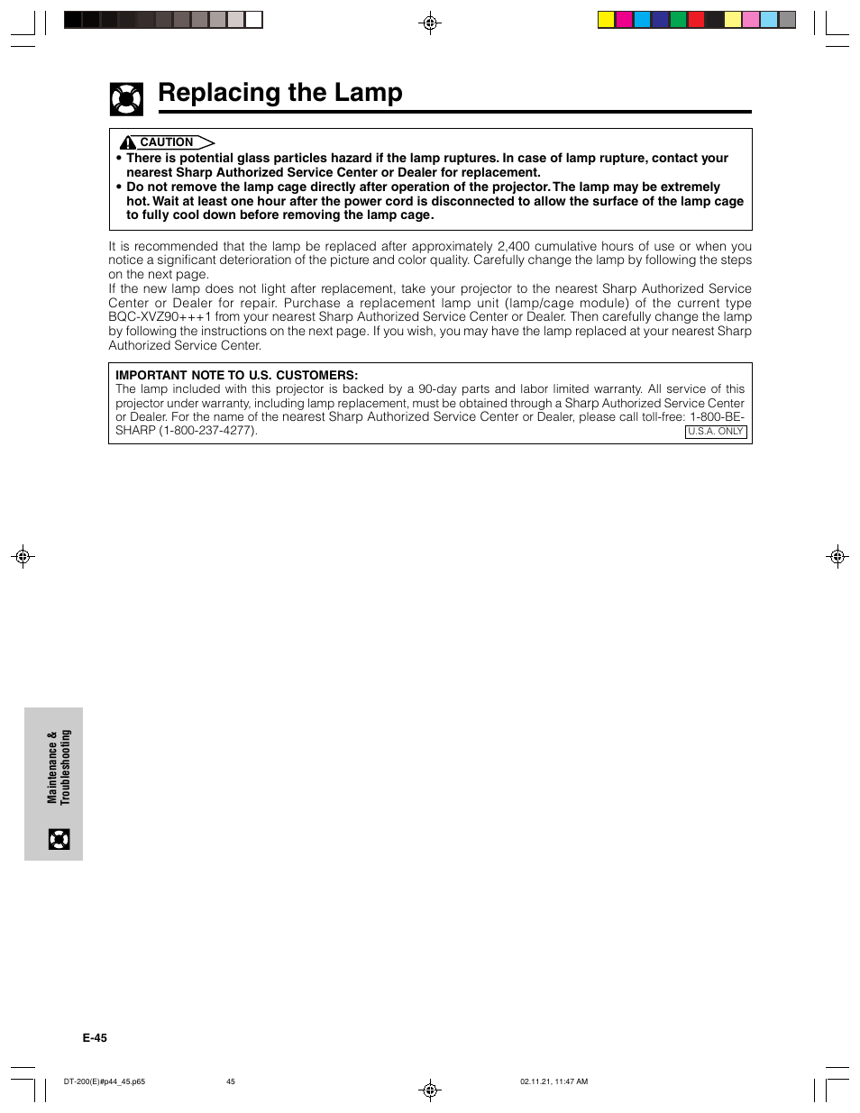 Replacing the lamp | Sharp DT-200 User Manual | Page 46 / 58