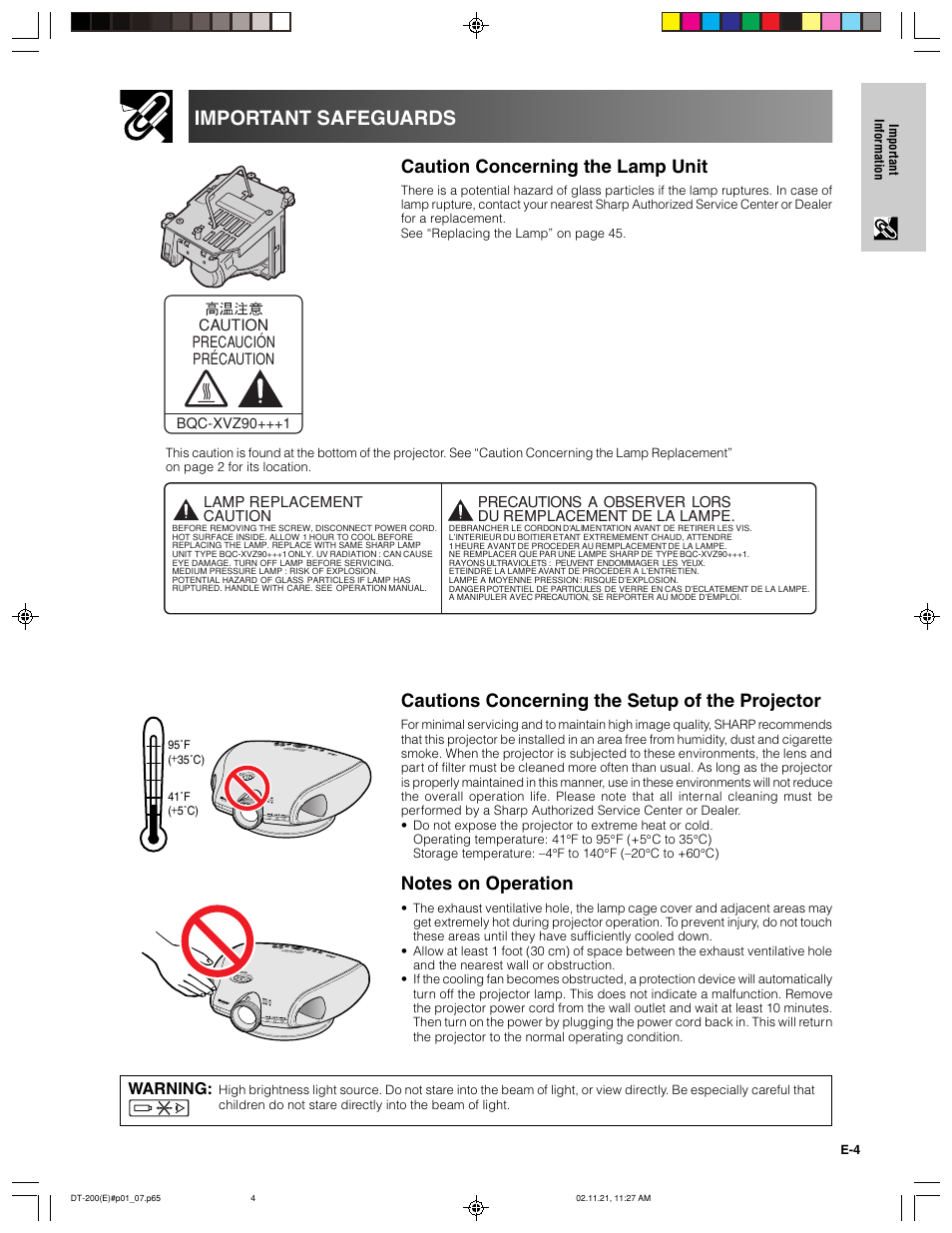 Important safeguards, Caution concerning the lamp unit, Cautions concerning the setup of the projector | Sharp DT-200 User Manual | Page 5 / 58