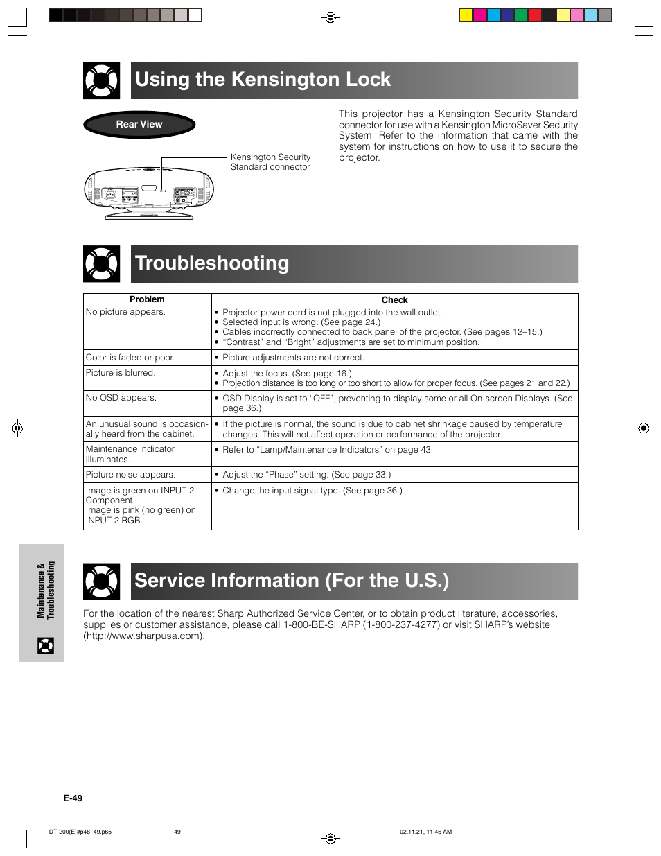 Troubleshooting, Service information (for the u.s.), Using the kensington lock | Sharp DT-200 User Manual | Page 50 / 58