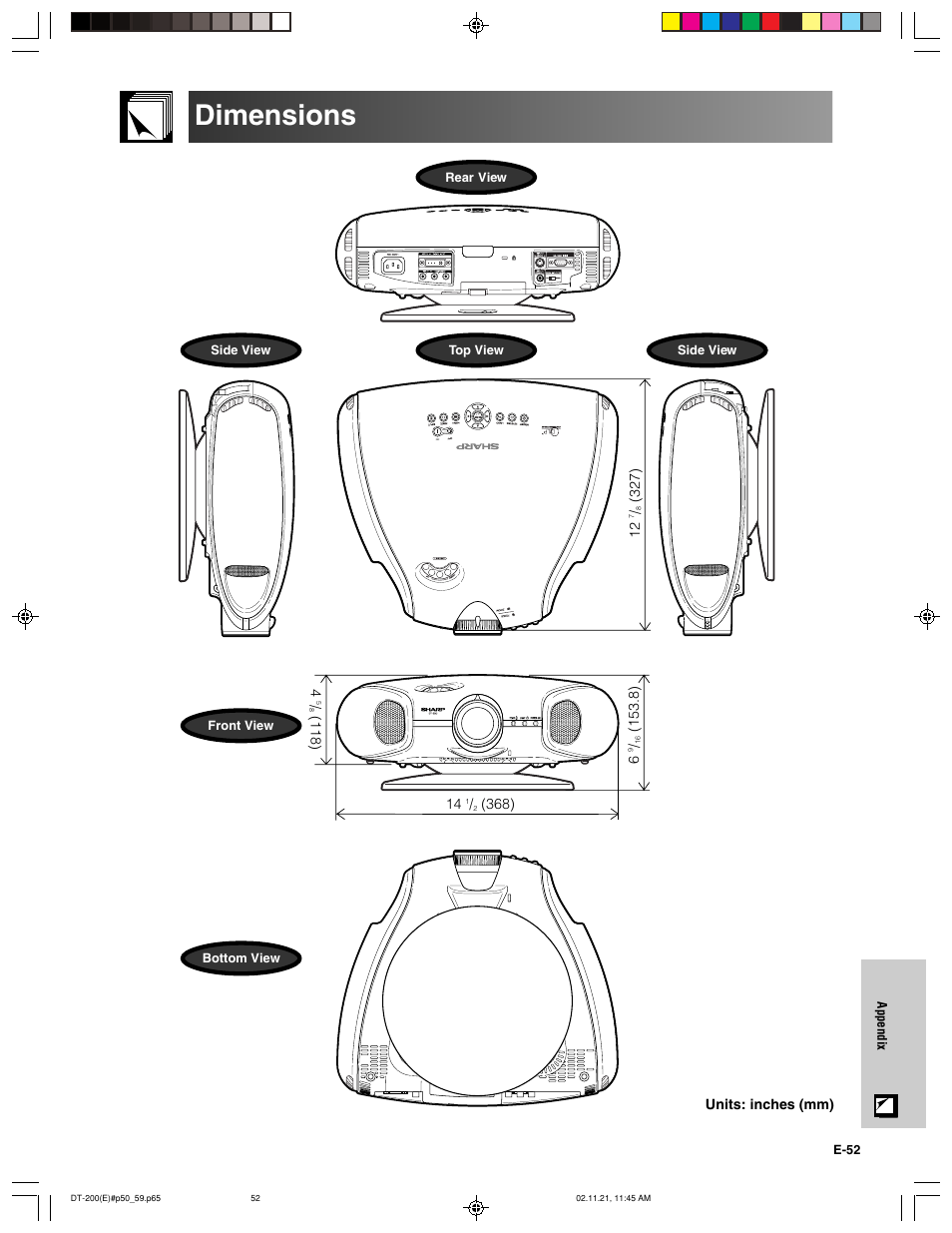 Dimensions | Sharp DT-200 User Manual | Page 53 / 58