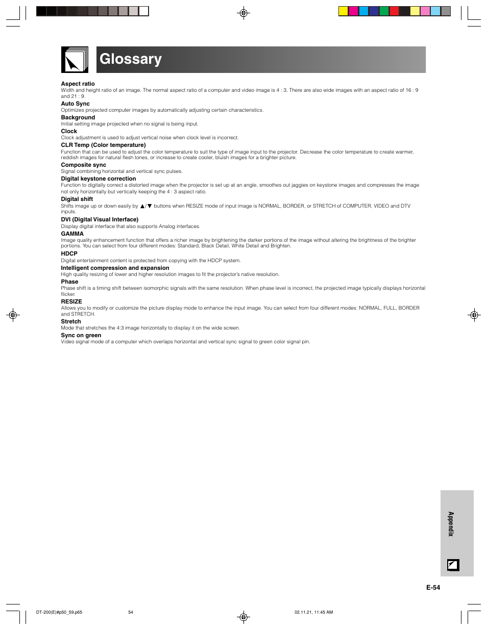 Glossary | Sharp DT-200 User Manual | Page 55 / 58