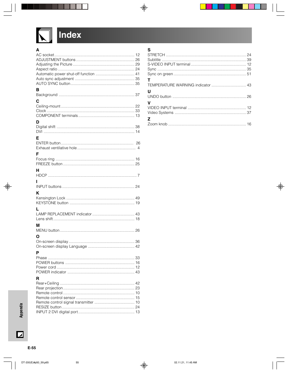 Index | Sharp DT-200 User Manual | Page 56 / 58