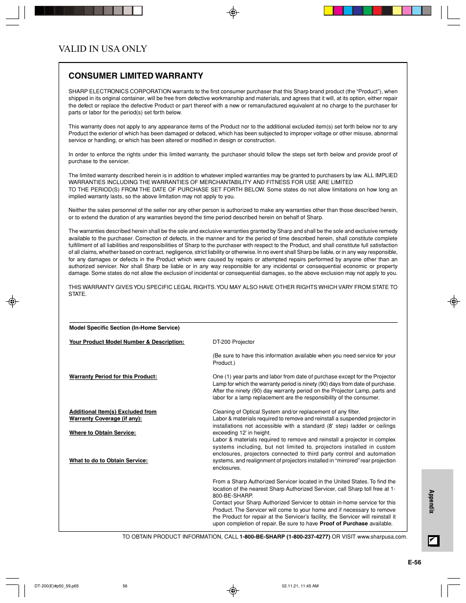 Valid in usa only, Consumer limited warranty | Sharp DT-200 User Manual | Page 57 / 58