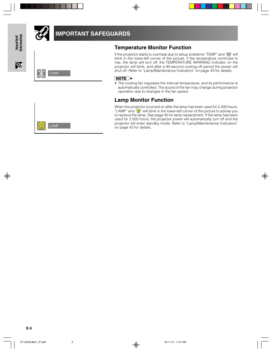 Important safeguards, Temperature monitor function, Lamp monitor function | Sharp DT-200 User Manual | Page 6 / 58