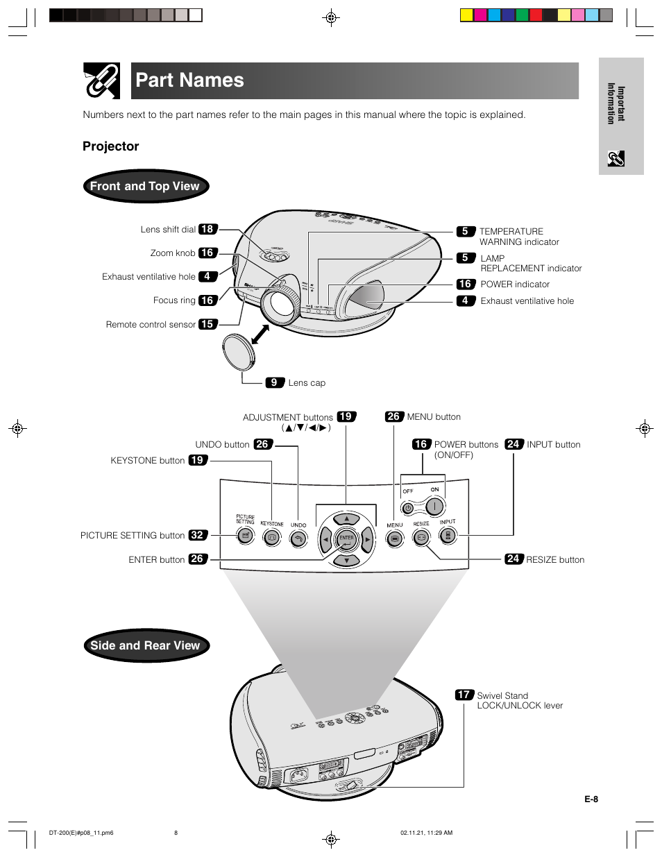 Part names, Projector, Front and top view | Side and rear view | Sharp DT-200 User Manual | Page 9 / 58