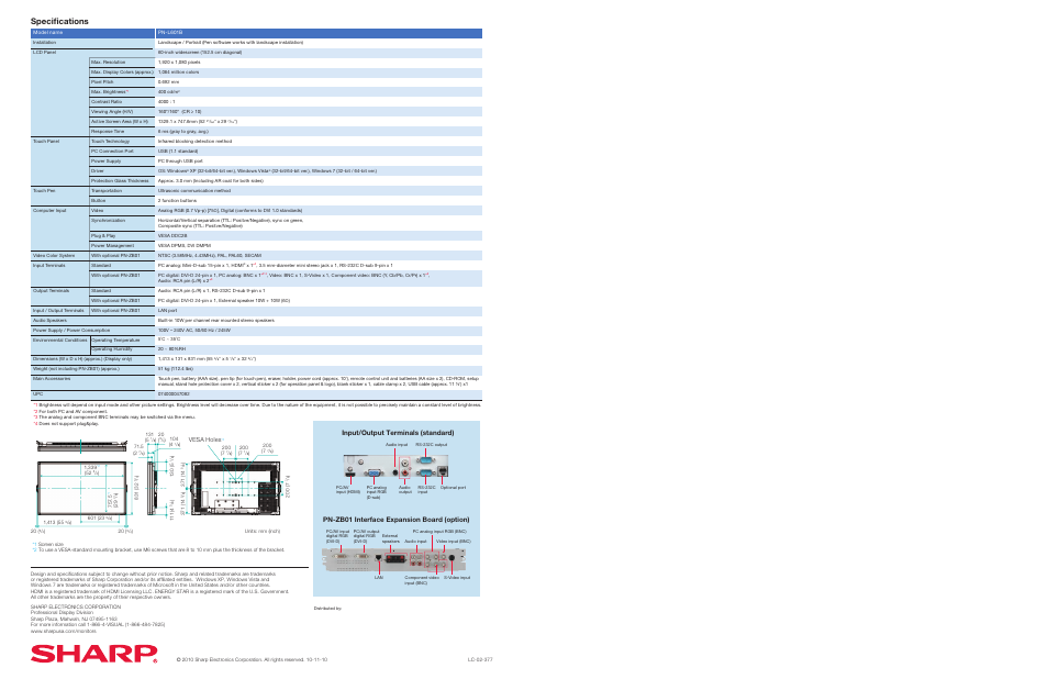 Specifications, Vesa holes | Sharp PN-ZB01 User Manual | Page 4 / 4