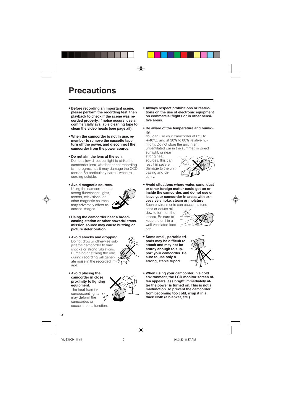 Precautions | Sharp VL-Z400H-T User Manual | Page 10 / 123