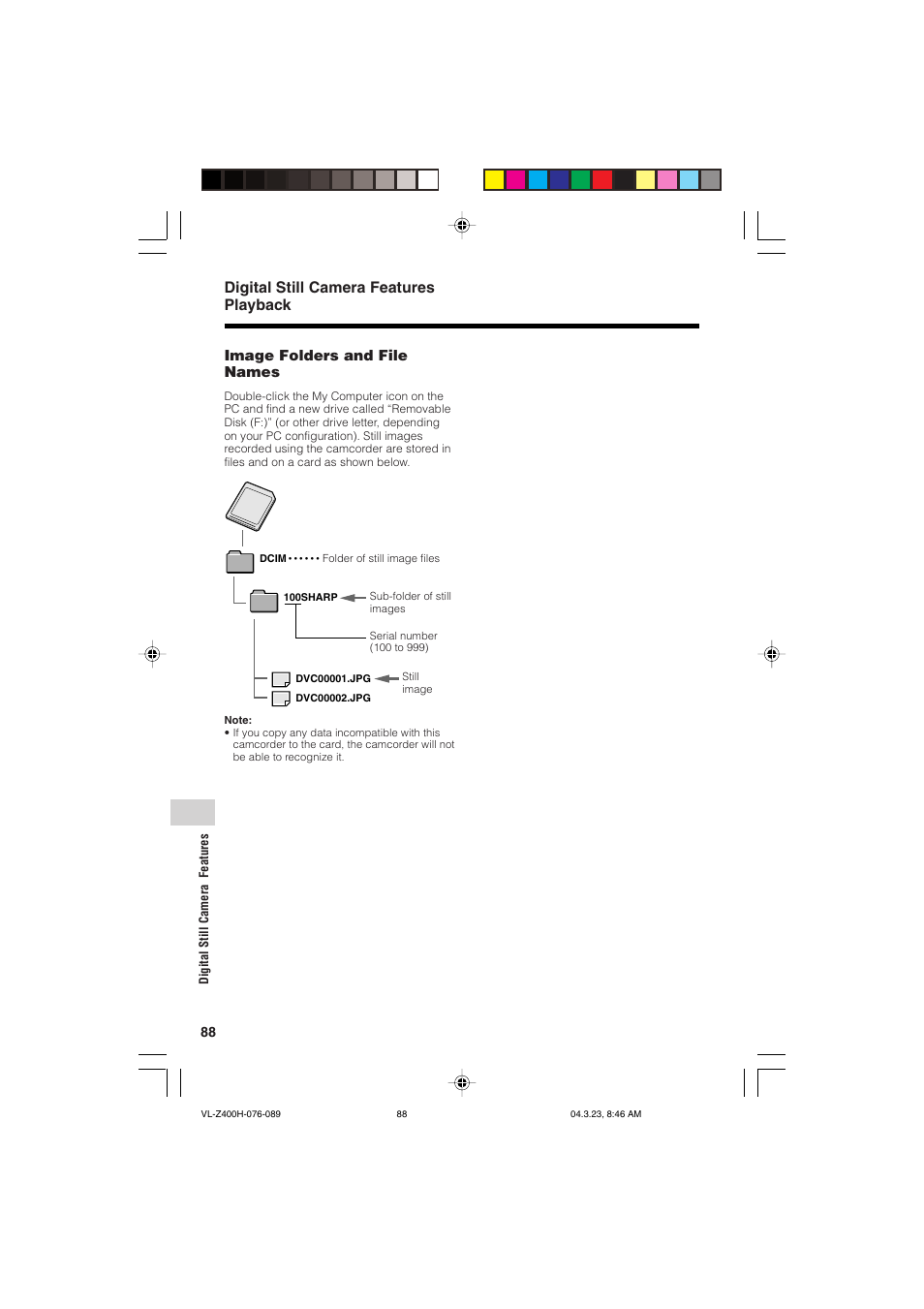 Digital still camera features playback, Image folders and file names | Sharp VL-Z400H-T User Manual | Page 100 / 123