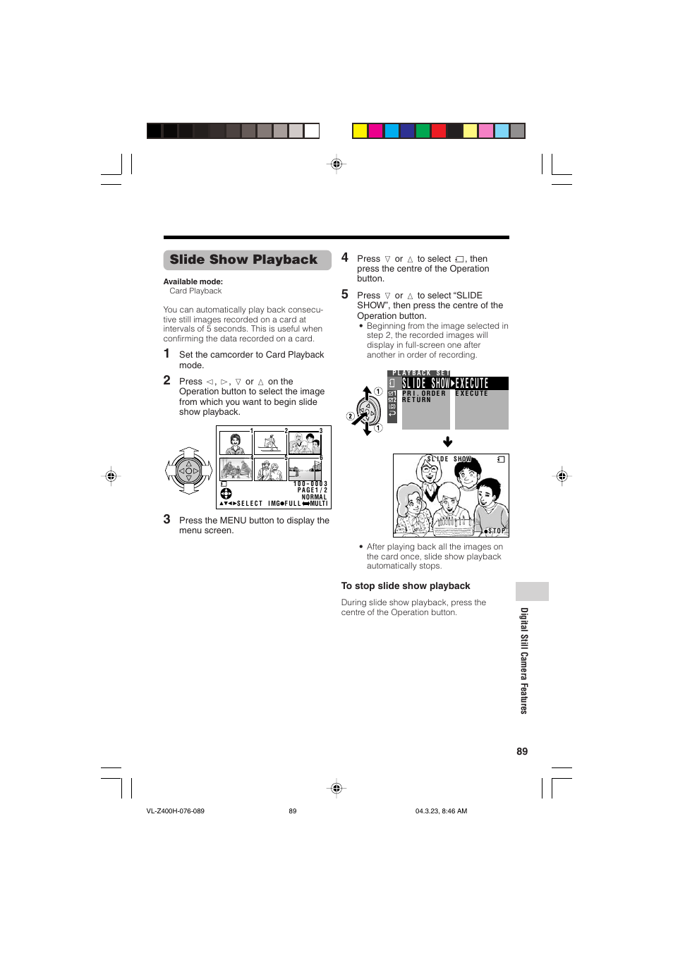 E xe cut e sl i de show, Slide show playback | Sharp VL-Z400H-T User Manual | Page 101 / 123