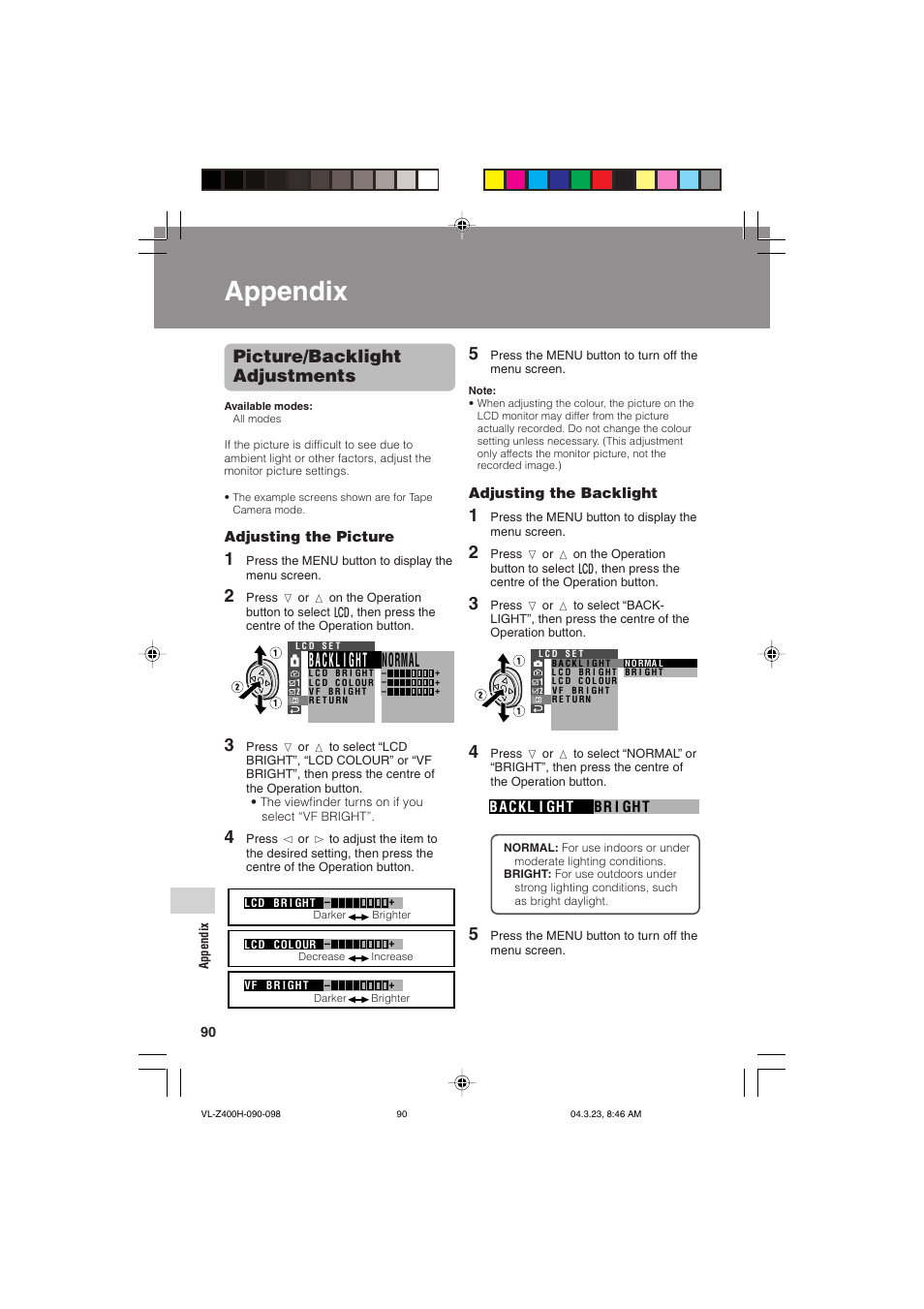 Backl i ght, Normal, Picture/backlight adjustments | Appendix | Sharp VL-Z400H-T User Manual | Page 102 / 123