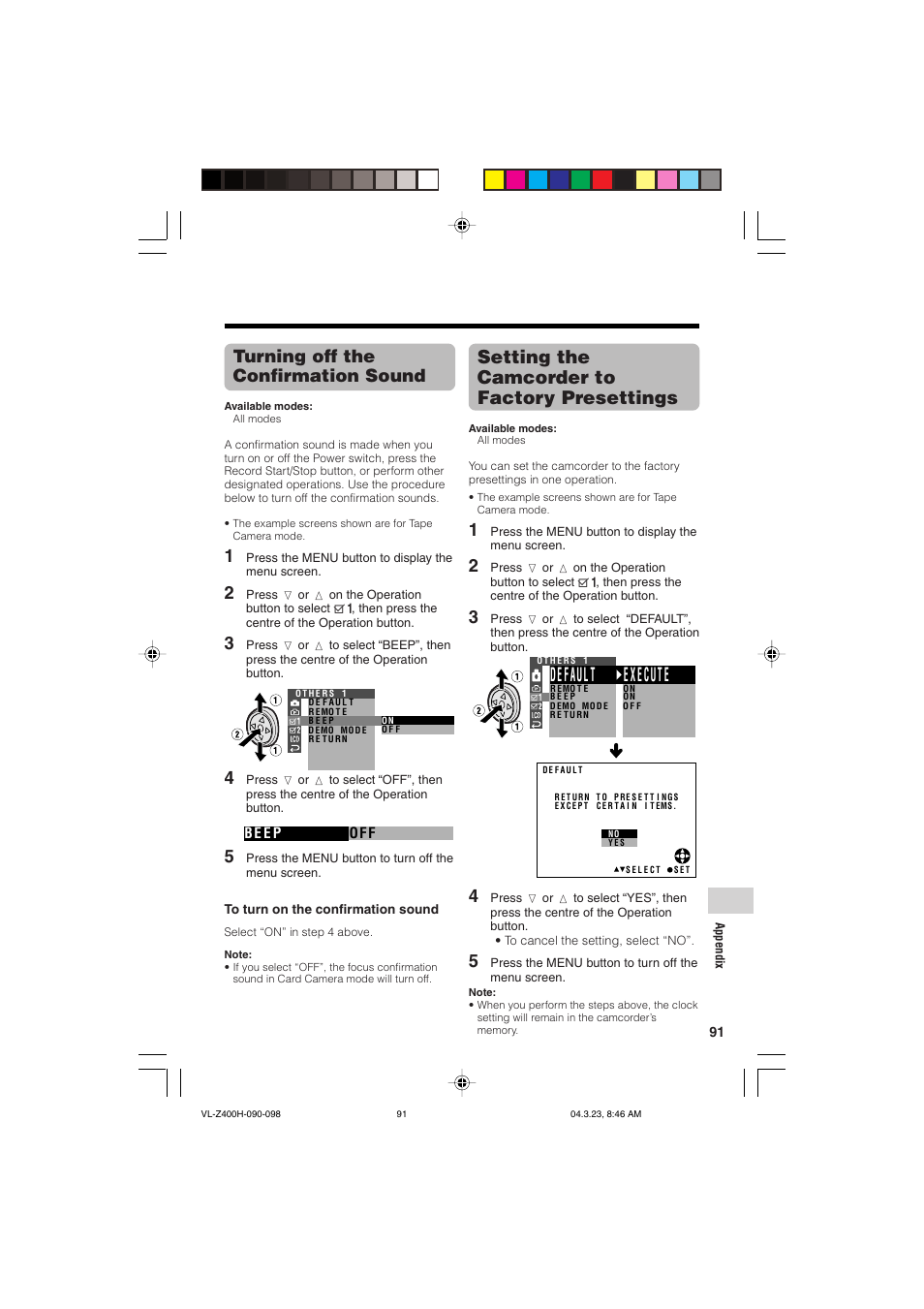 Setting the camcorder to factory presettings, De faul t, E x e cut e | Turning off the confirmation sound | Sharp VL-Z400H-T User Manual | Page 103 / 123
