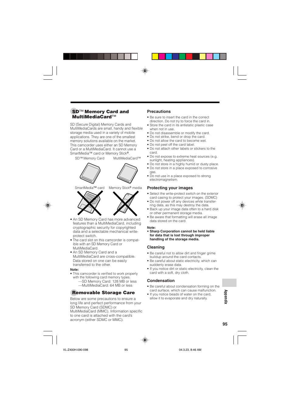 Removable storage care | Sharp VL-Z400H-T User Manual | Page 107 / 123