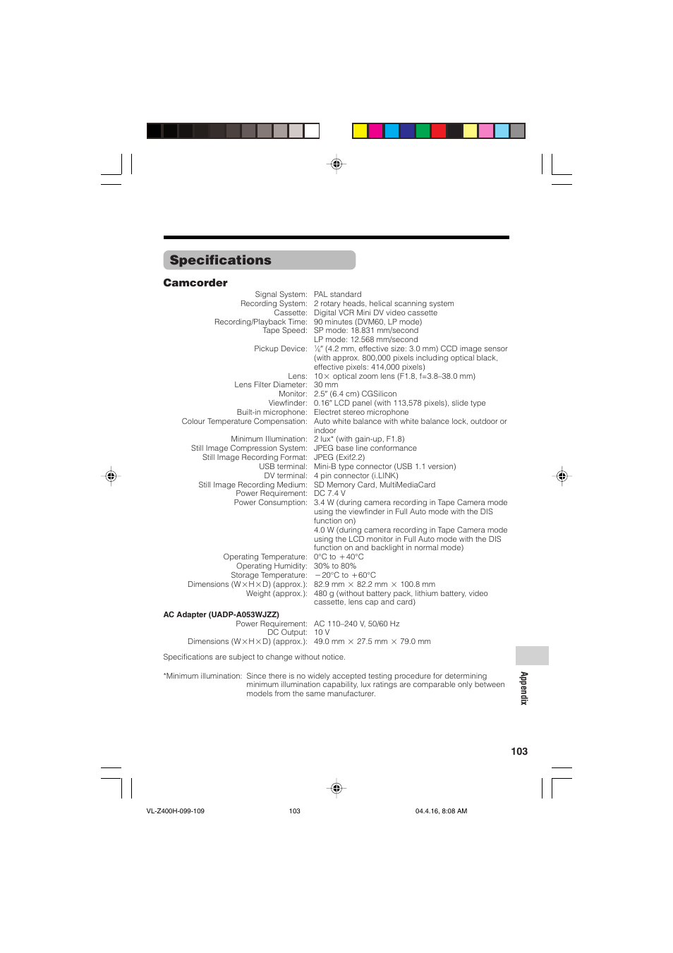 Specifications, Camcorder | Sharp VL-Z400H-T User Manual | Page 115 / 123