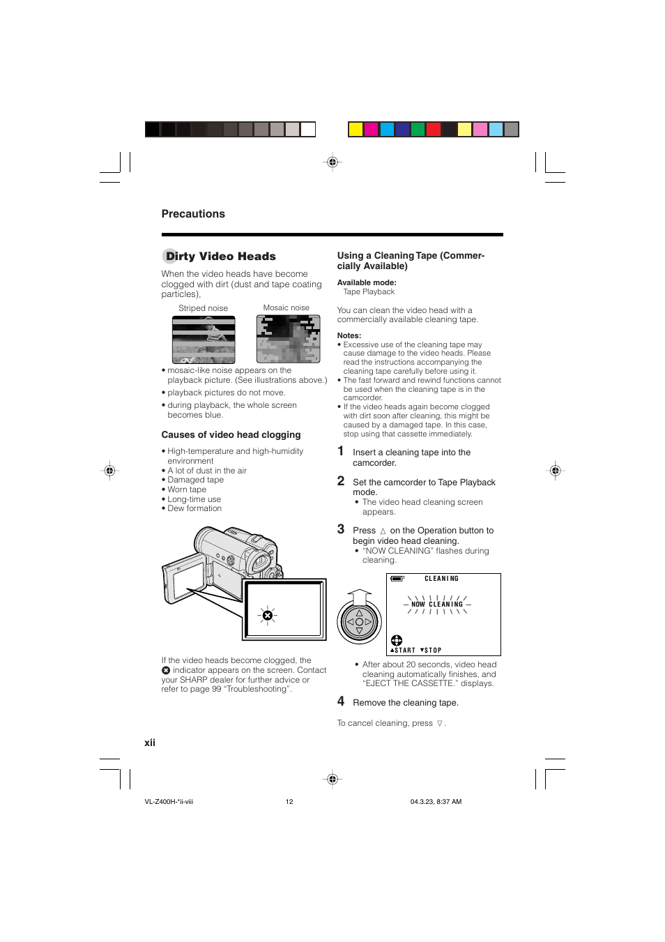 Dirty video heads, Precautions | Sharp VL-Z400H-T User Manual | Page 12 / 123