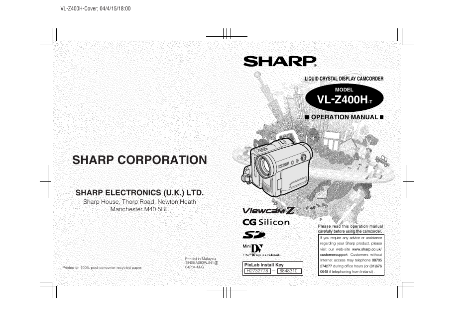 Sharp corporation, Vl-z400h, Sharp electronics (u.k.) ltd | Operation manual | Sharp VL-Z400H-T User Manual | Page 123 / 123