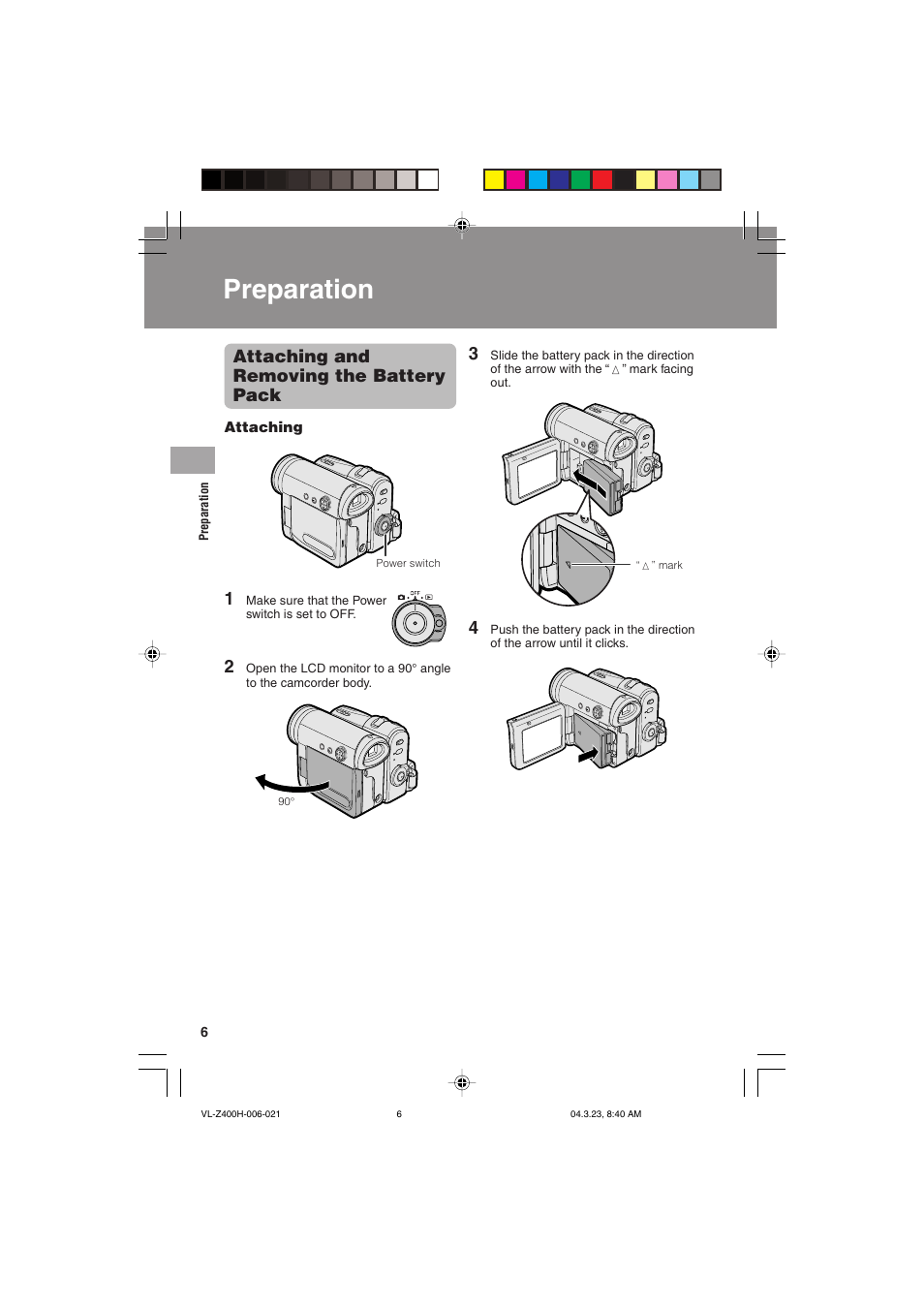 Preparation, Attaching and removing the battery pack | Sharp VL-Z400H-T User Manual | Page 18 / 123