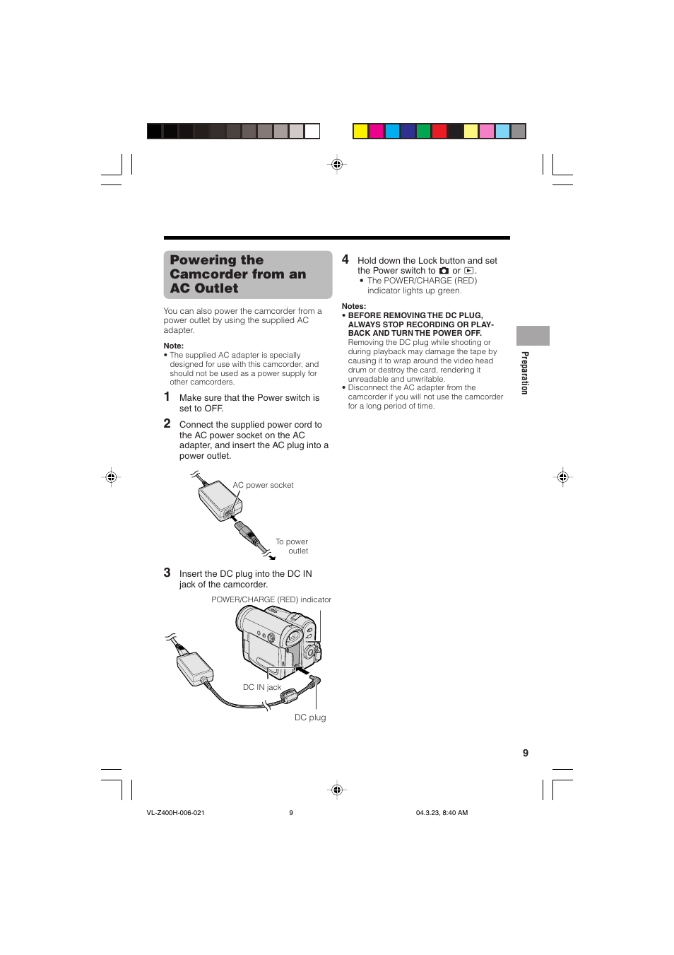 Powering the camcorder from an ac outlet | Sharp VL-Z400H-T User Manual | Page 21 / 123