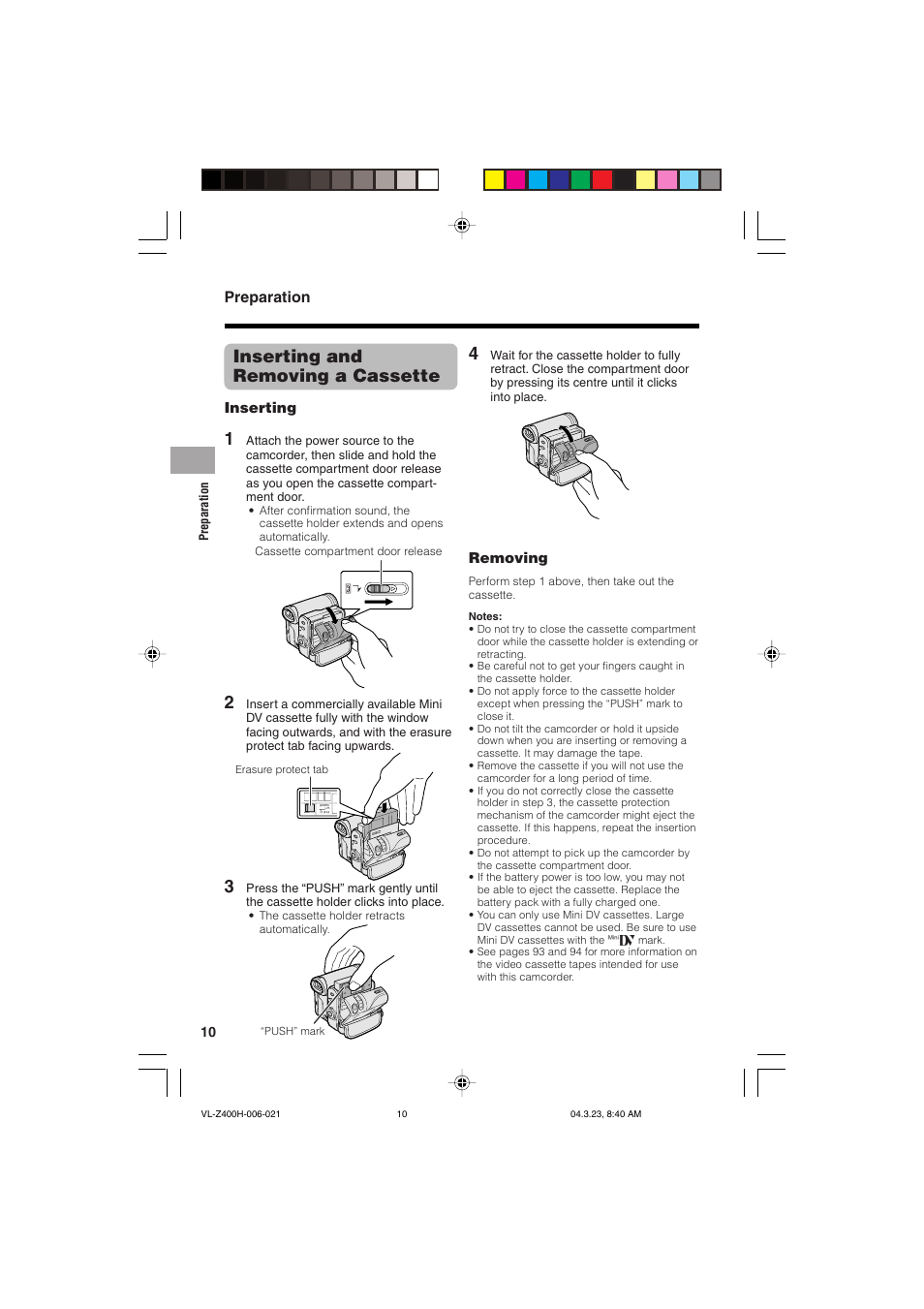 Inserting and removing a cassette, Preparation, Inserting | Removing | Sharp VL-Z400H-T User Manual | Page 22 / 123