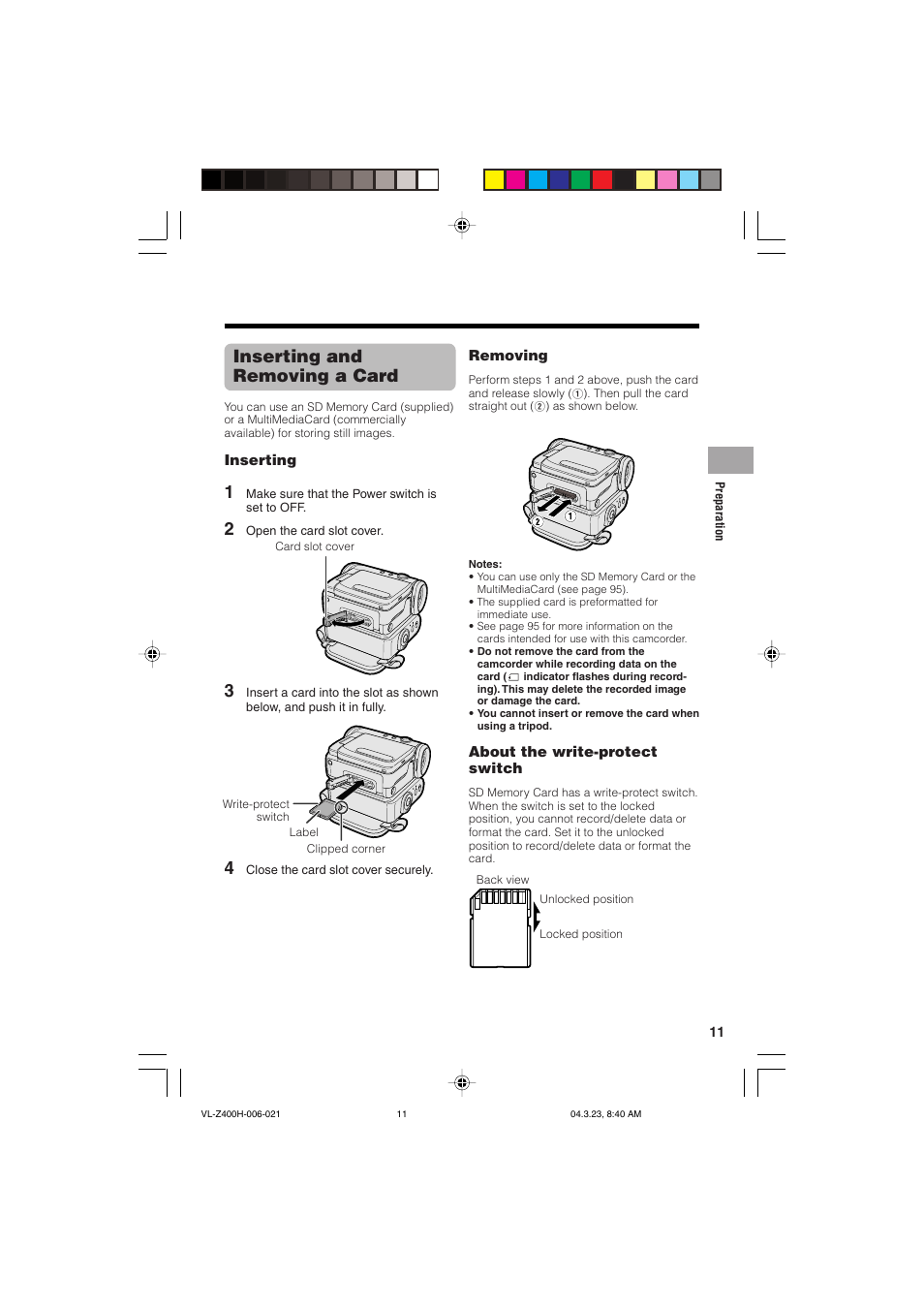 Inserting and removing a card | Sharp VL-Z400H-T User Manual | Page 23 / 123