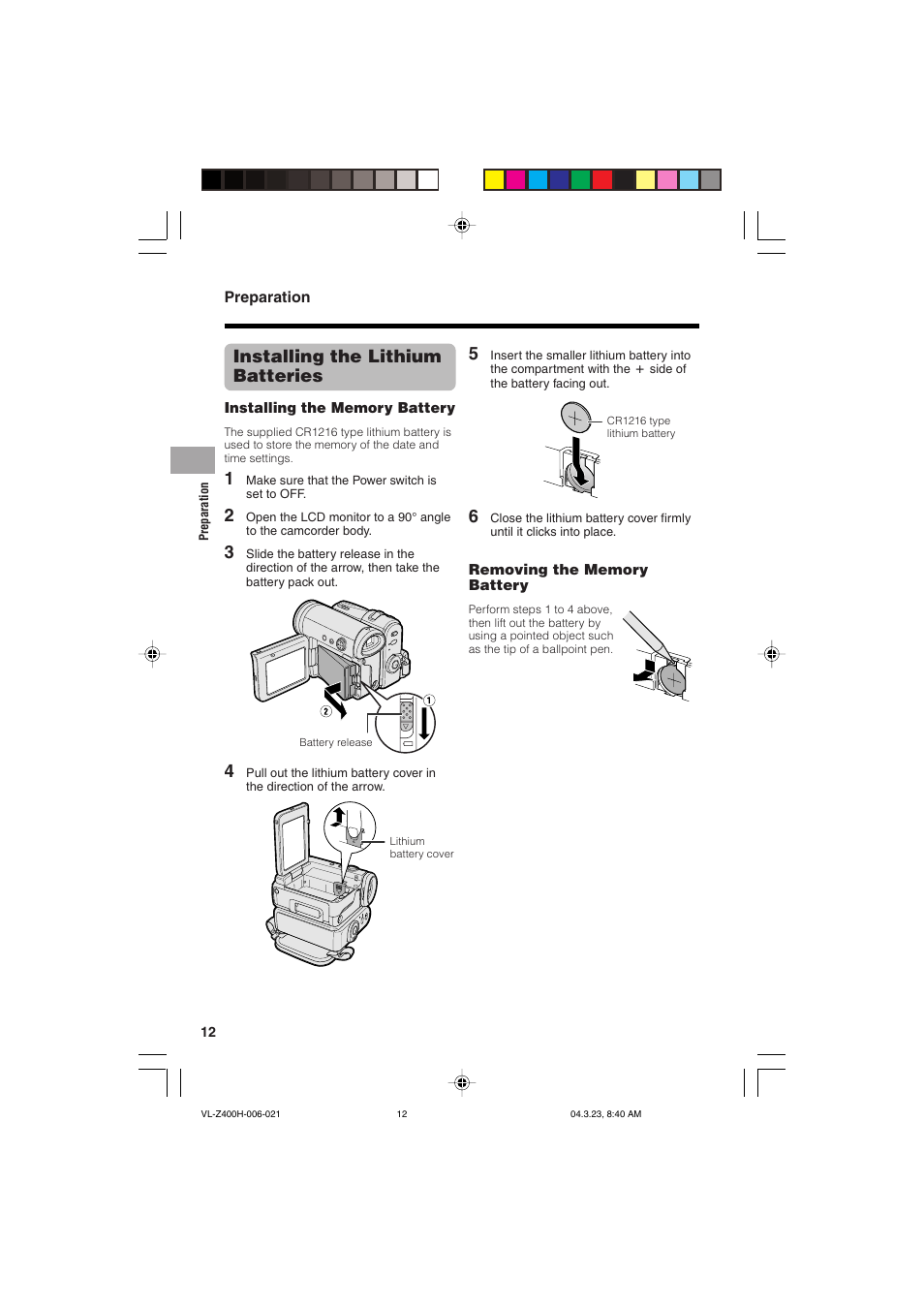 Installing the lithium batteries | Sharp VL-Z400H-T User Manual | Page 24 / 123